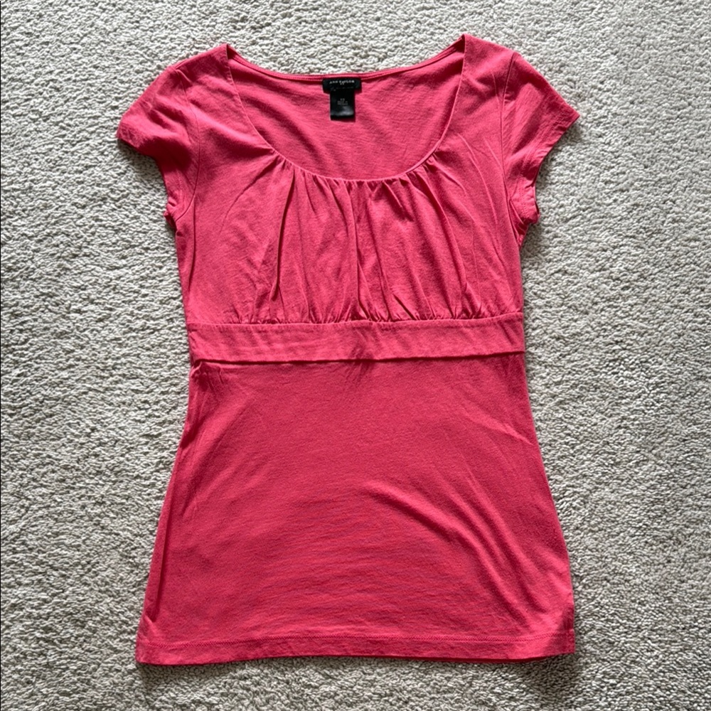 Ann Taylor Pink Ruched Cap Sleeve T-Shirt